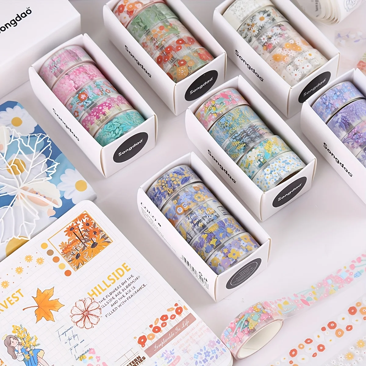 Vintage Flower Washi Tape 5 rolls/box small floral transparent PET material decorative tape must-have gift for friends