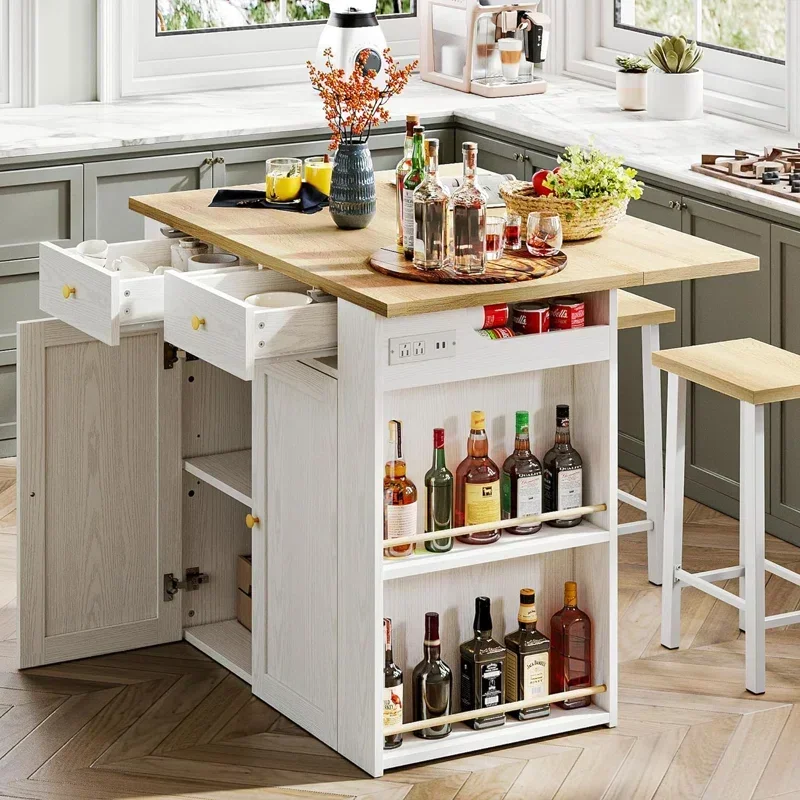 3-piece Kitchen Dining Table with Storage Cabinet and Drawers Equipped with 2 Chairs and A Table