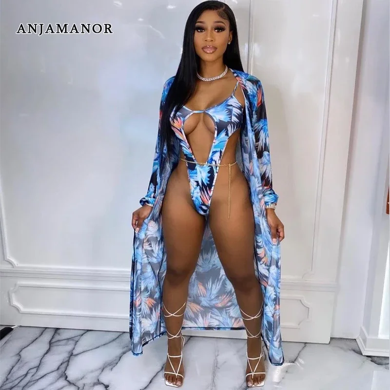 

Комплект из 2 предметов с тропическим принтом anjahome, сексуальный открытый купальник, накидка, пляжные наряды для женщин, летняя одежда для отпуска, женская