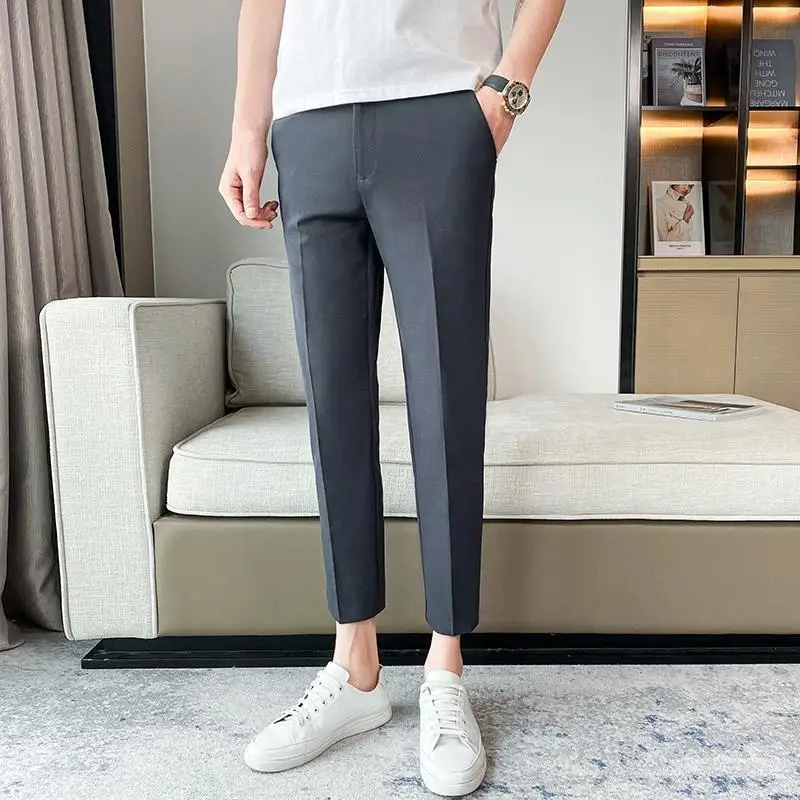 2024 Spring and Summer Fashion Trend Simple Casual Business Versatile Solid Color Elastic Waist Ankle Length Suit Pants for Men