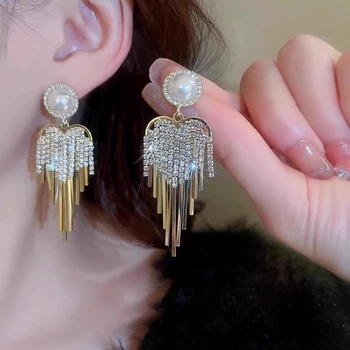 925 Silver Needle Korean Fashion Crystal Heart Tassel Earrings For Women Jewelry 2025 Trending New Luxury Women's Drop Earrings