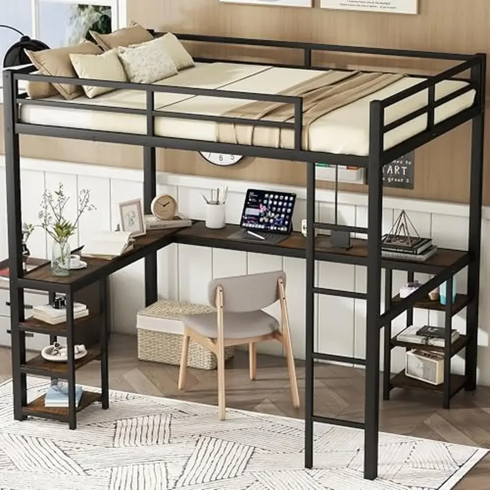 Full Size Loft Bed with Desk and Storage Shelves Industrial Style Heavy Duty Loft Bed Kids Teens Full Size L-Shaped Desk and 6 4