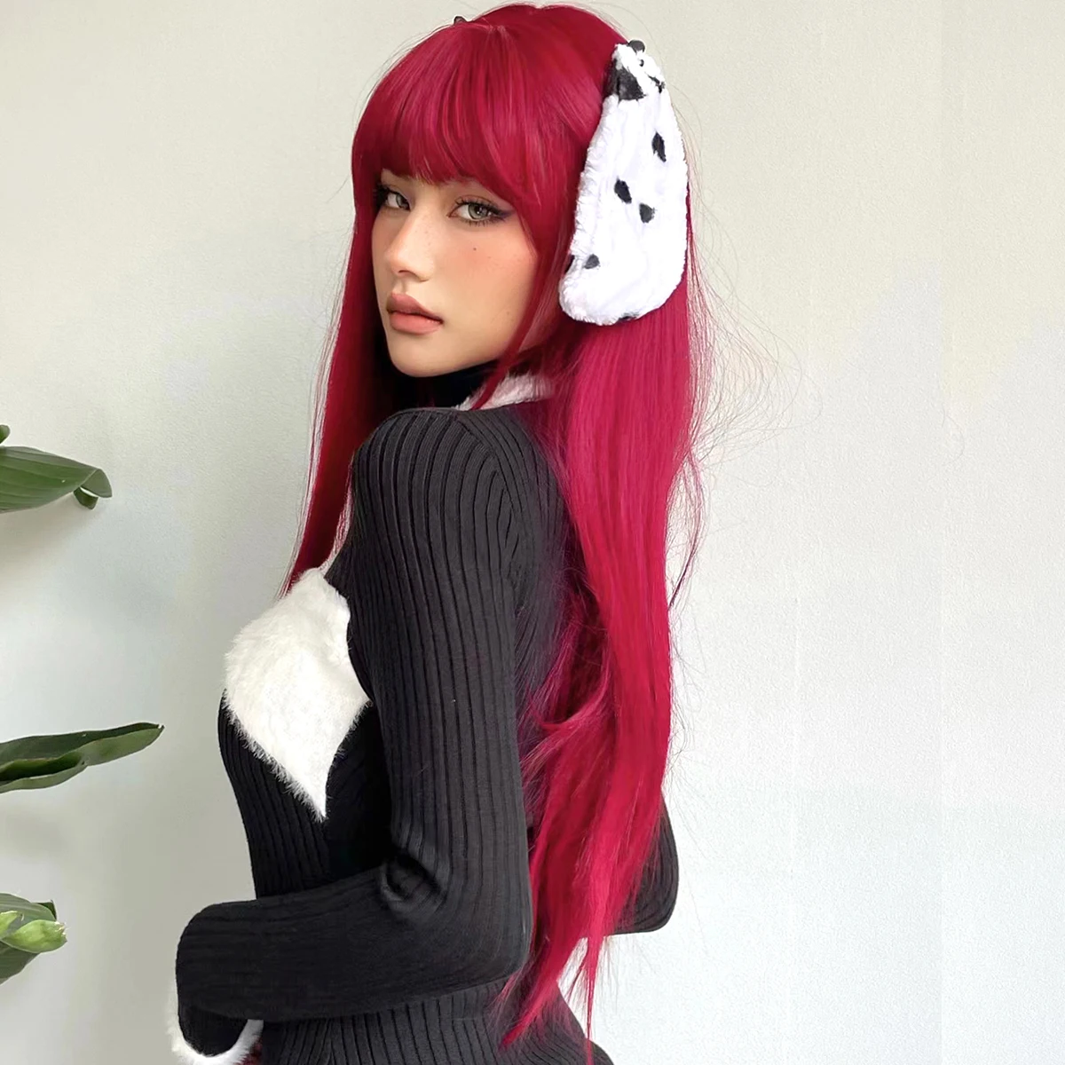Leichte weinrote synthetische Perücken mit Pony für Frauen lange glatte Haare Perücke natürliche cosplay Party hitze beständig – Detail 2