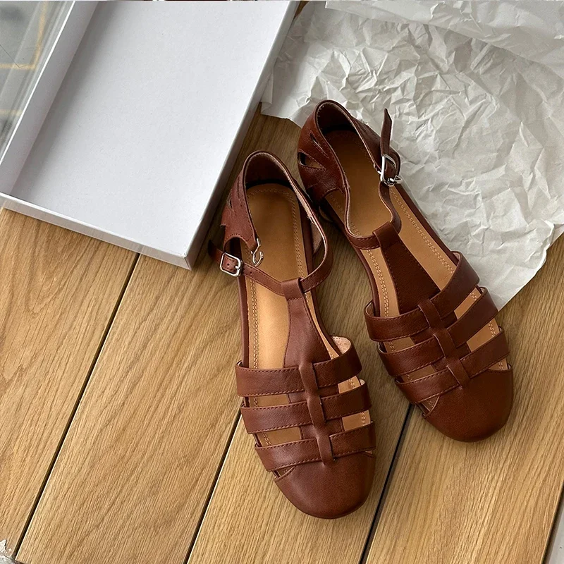 

Сандалии женские с Т-образным ремешком, босоножки из воловьей кожи, закрытый носок, гладиаторы, Ретро стиль, весна-осень