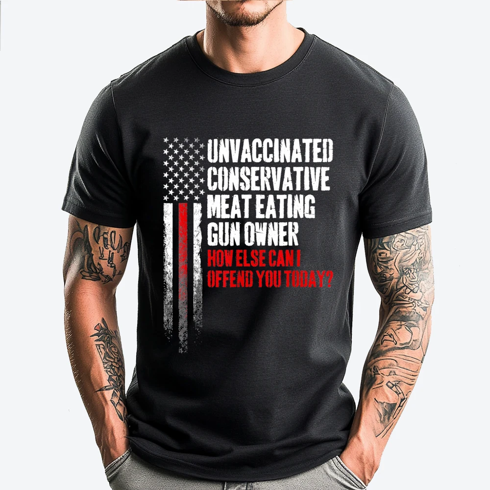Retro Unvaccinated Conservative Meat Eating Gun T Shirts NEW YEAR DAY Crew Neck All Cotton Tees for Male Tops Shirts Slogan Unvaccinated Conservative Meat Eating Gun Owner