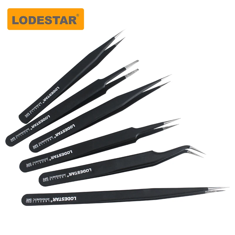 LODESTAR 정전기 방지 스테인리스 스틸 핀셋, 아이폰 유지 보수, 산업용 정밀 곡선 스트레이트 핀셋
