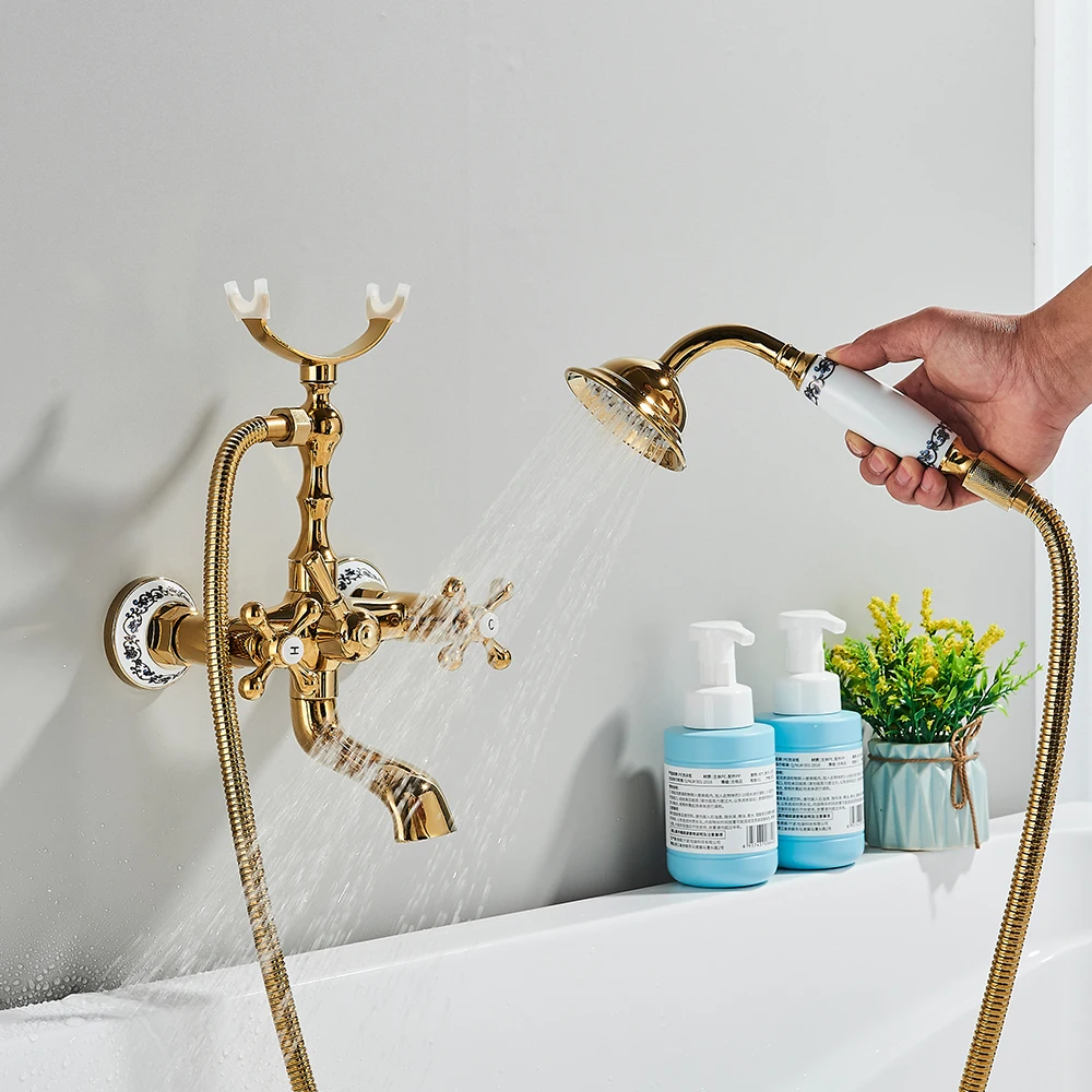 Golden Bathtub Faucets Wall Bathroom Bath Shower Faucet Brass Mixer Tap Swivel Spout Bath Tub Shower Mixers Telephone Style 2
