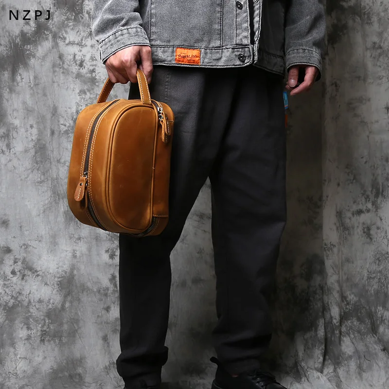NZPJ Vintage Genuine Leather Toiletry Bag Top Layer Cowhide Makeup Bag Crazy Horse Skin Men's Handbag Tablet Computer Bag