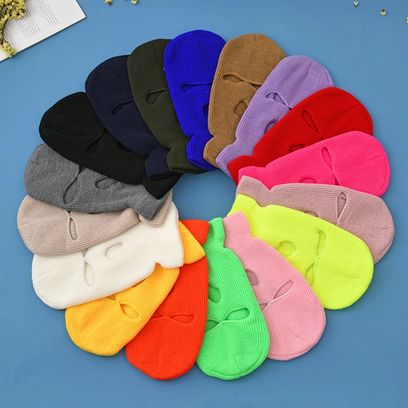 

New Autumn and Winter Ingot Needle Warm Three-Hole Mask Cycling Closed Toe Outdoor Solid Color Woolen Knitted Hat Wholesale