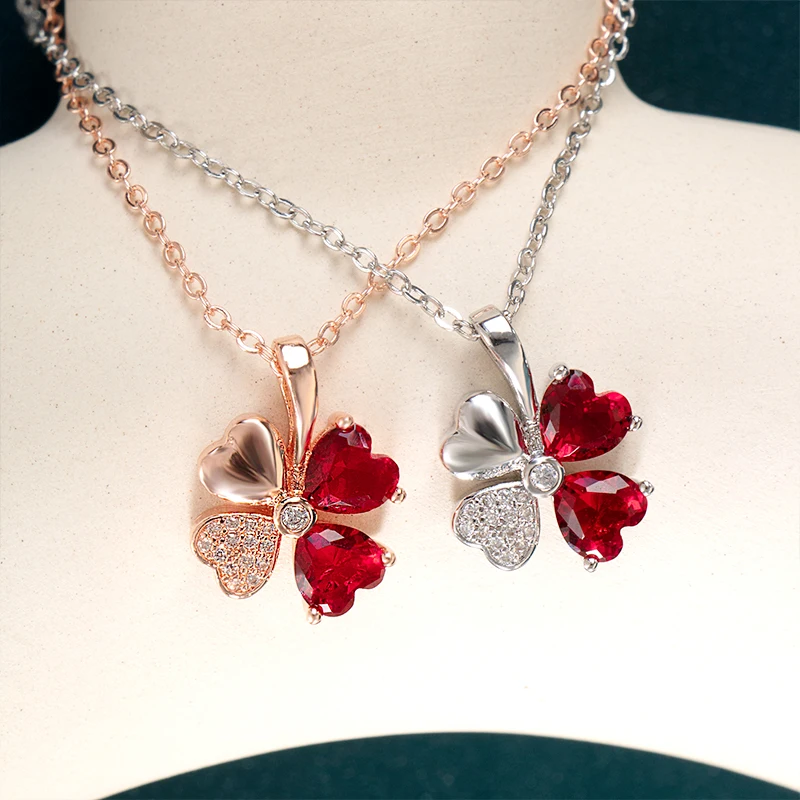 JoiasHome 925 Silver Necklace Pendant Korean Rose Gold Necklace with Lucky Clover Garnet Pendant Valentine's Day Gift pendant necklace silver necklace