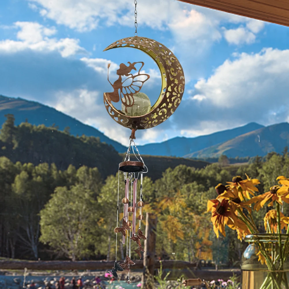 태양열 발전 요정 아트 윈드 벨, LED 조명, 기념 바람 종소리, 금속 IP65 방수, 야외 정원 장식