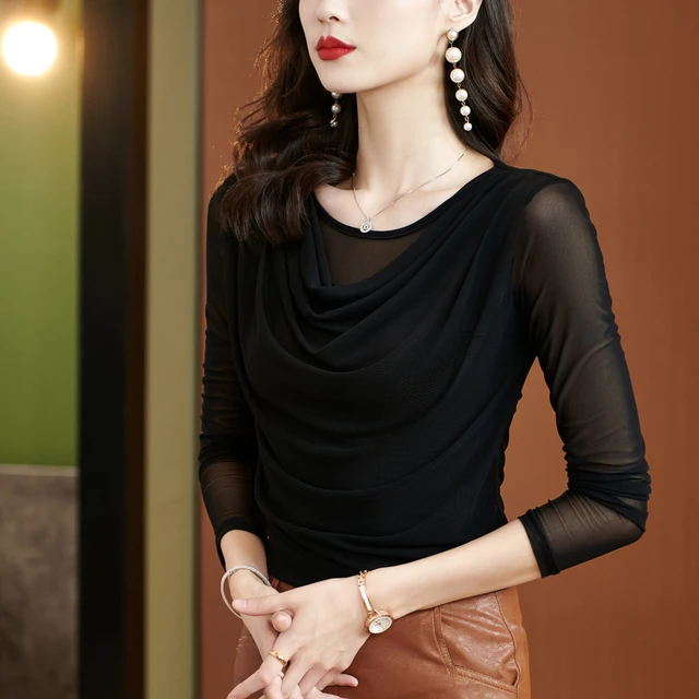 세련되고 편안한 가을용 여성용 메쉬 티셔츠