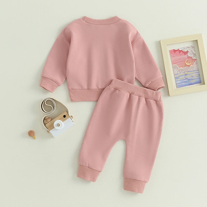 Completo da 2 pezzi per neonato, felpa a maniche lunghe tinta unita e pantaloni elastici, set per vestiti autunnali per neonati - immagine 5