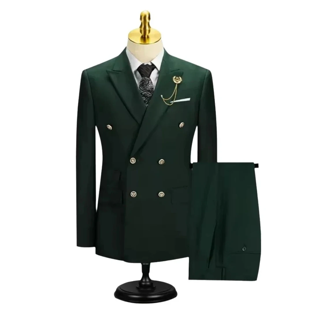 Dark Green 2 Pieces Men Suits Set Fashion New Men's Formal Business/Wedding Groom Suits Peak Lapel Double Breasted Blazer Pants