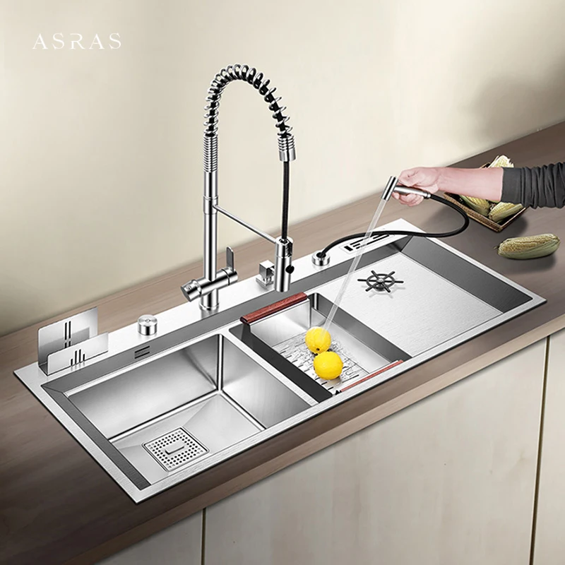 ASRAS New Large Size Double Kitchen Sink Cup Rinser Sink 4mm Thickness 220mm Depth With Drain Plate Knife Holder Handmade Sinks