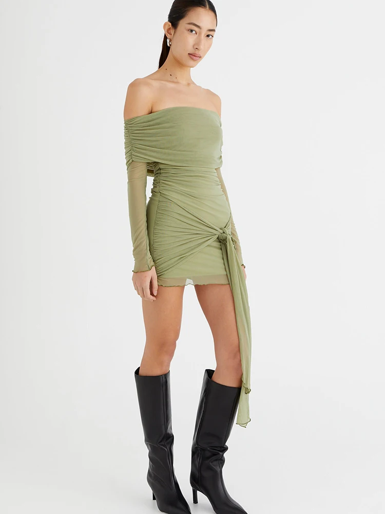 JULISSA MO Sexy Off Shoulder Bandage Women Dress Long Sleeve High Waist Ruched Dress Female Summer Skinny Elegant Prty Clubwear