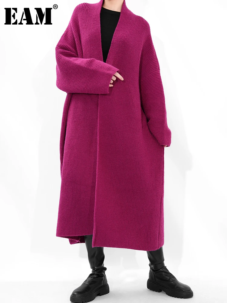 

[EAM] Big Size Long Purple Knitting Cardigan Sweater Loose Fit V-Neck Long Sleeve Women New Fashion Autumn Winter 2024 1DD186214