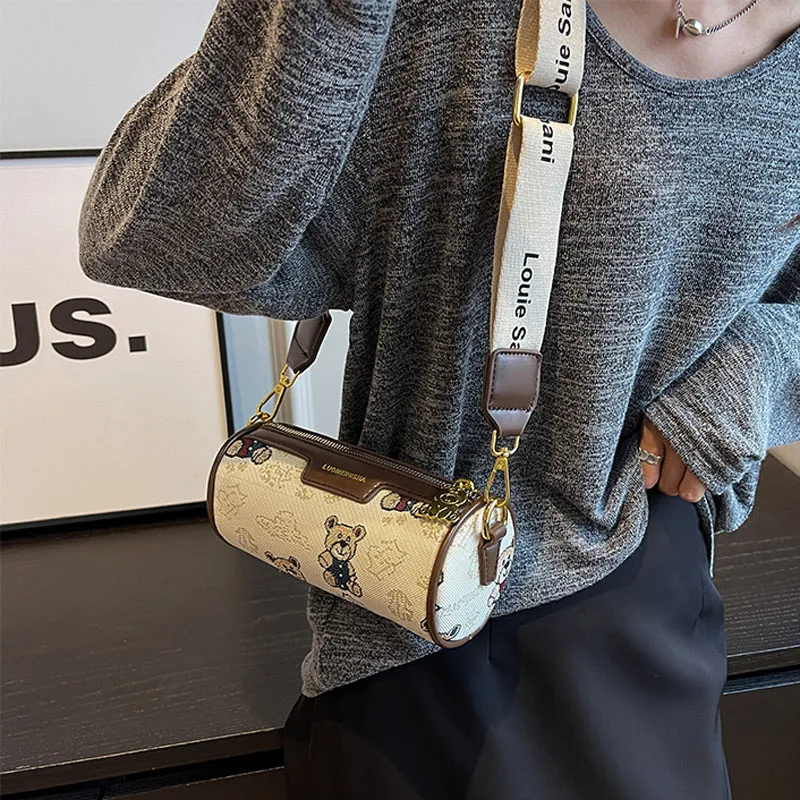 cylinder bag woman 2023 new women's shoulder bag trend fashion cross-body mobile phone bag chessboard plaid wide shoulder belt