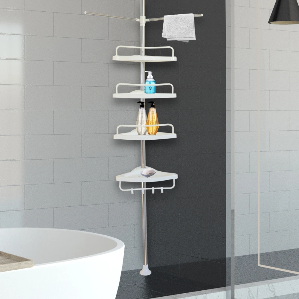 White 4-Tier Shower Rack Towel Soap Storage Corner Pole Caddy Shelf Suitable For Bathroom Washing Room
