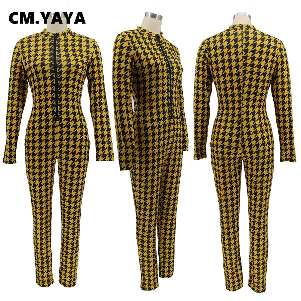 Women Houndstooth Zipper Long Sleeve Bodycon Jumpsuit Sexy - Main Image