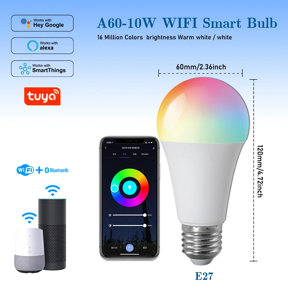 1-10PCS Dimmable E27 B22 RGB 10W Smart LED Bulb Tuya WiFi Colorful AC110V 220V Light APP Alexa Google Home Alice Voice Control