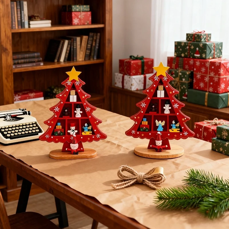 1Set Wooden Christmas Tree Shaped Desktop Ornament with Base, Christmas Tree Crafts, Christmas Decorations