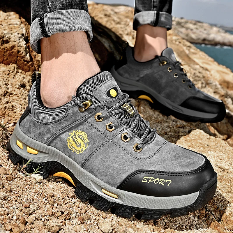 Genuine Leather Trekking Shoes Men Gray Low-cut Lace-up Men's Hiking Shoes High Quality Pigskin Breathable Outdoor Sneakers Man