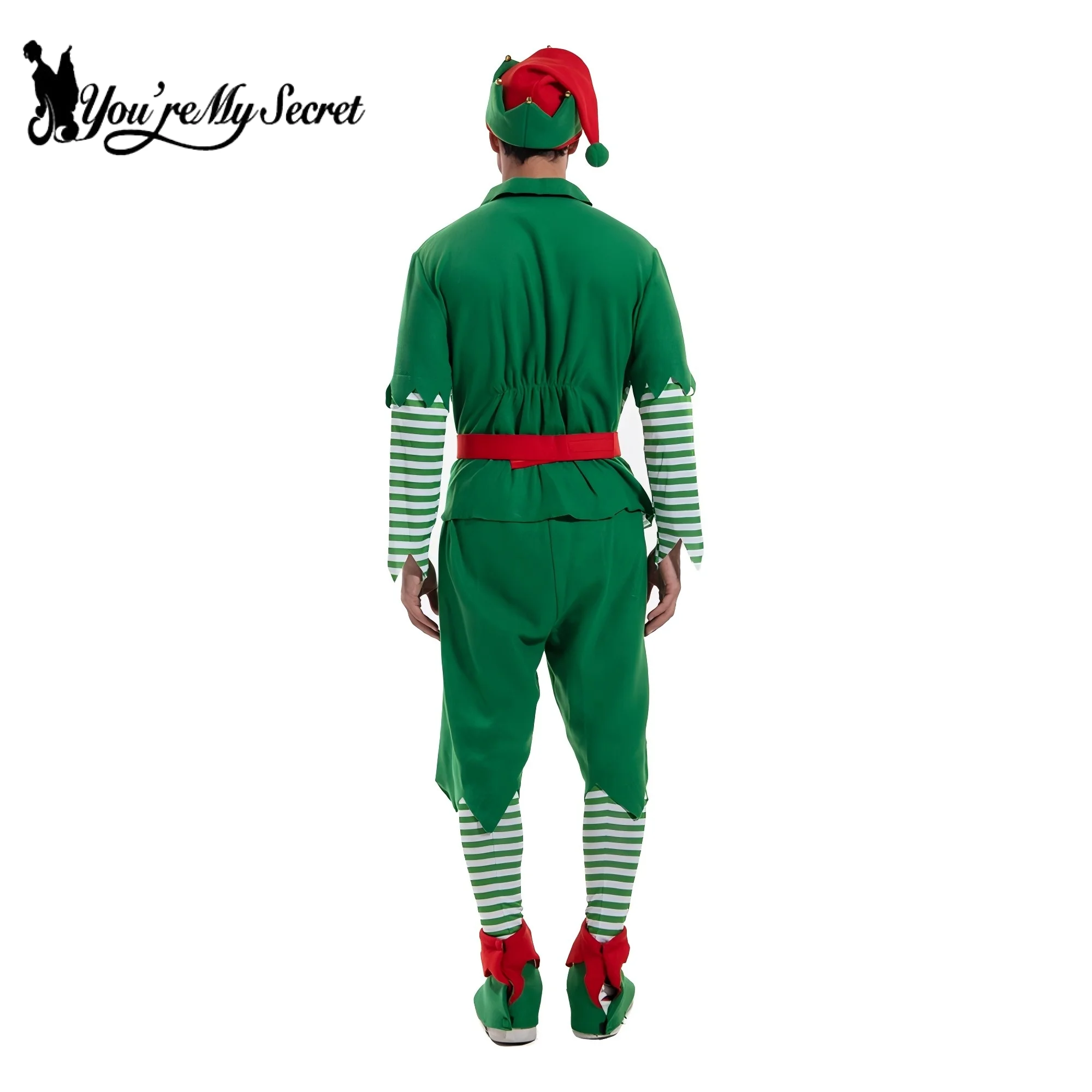 You're My Secret Christmas Santa Claus Costume Green Elf Cosplay Family Carnival Party New Year Fancy Dress Clothes Set For Men