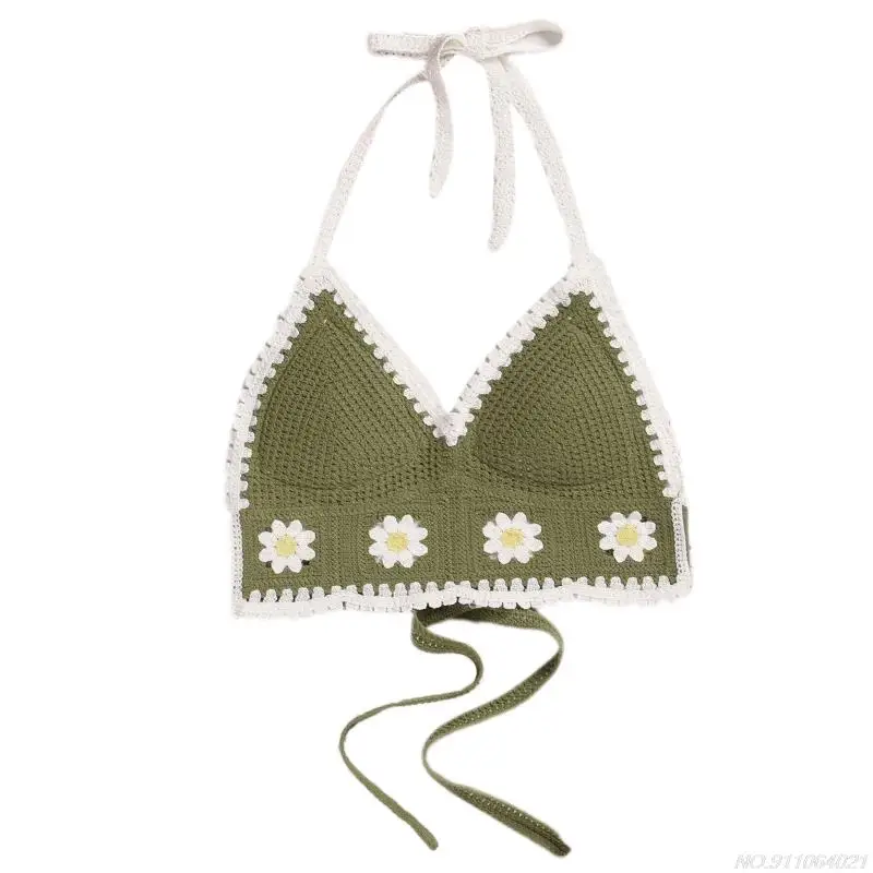 ▷ Women Bikini Crop Top Crochet Boho Bralette Halter Cami Knitted