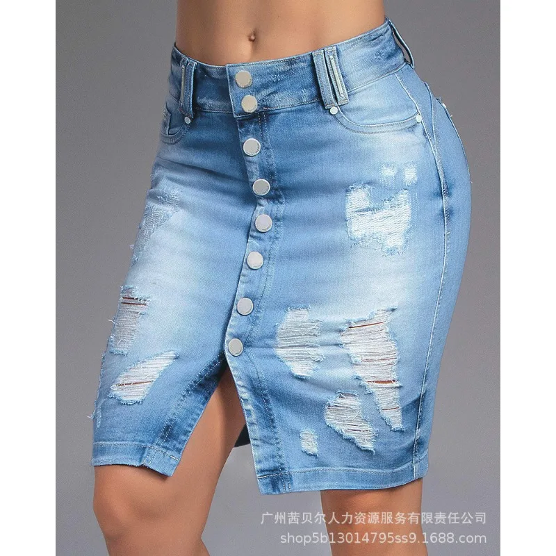 

Wepbel Light Blue Pencil Jeans Skirts Women Summer Split High Waist Ripped Leisure Denim Skirt Single Breasted Skinny Jean Skirt