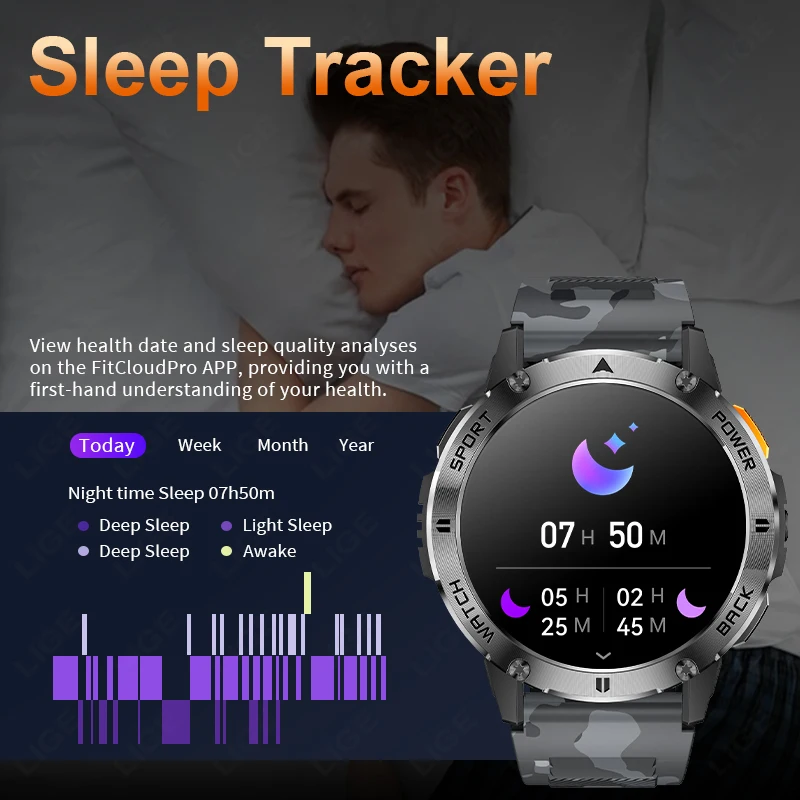 LIGE Military Smart Watch Men Flashlight Compass IP68 Waterproof Outdoor Sport Tracker Bluetooth Call Smartwatch For Android IOS