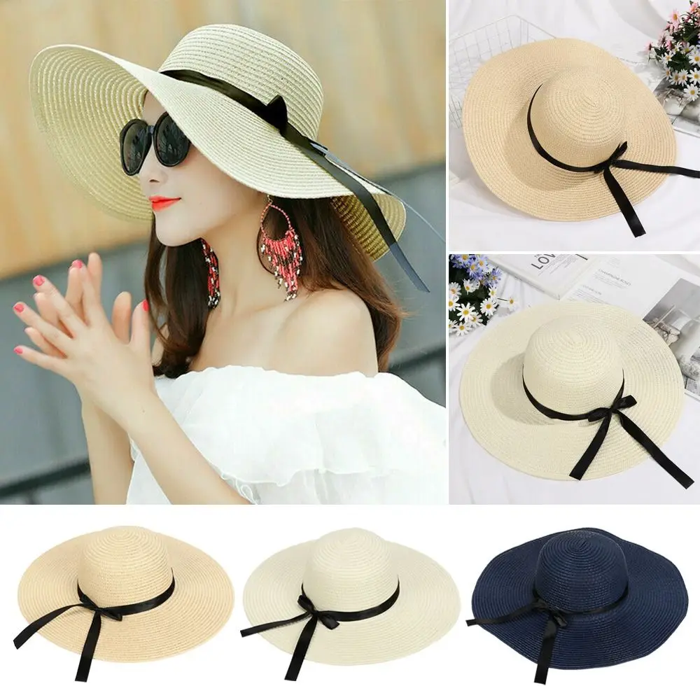 

Casual Big Wide Brim Visors Foldable Sun Hat Straw Cap Summer Bow Cap Beach Hat