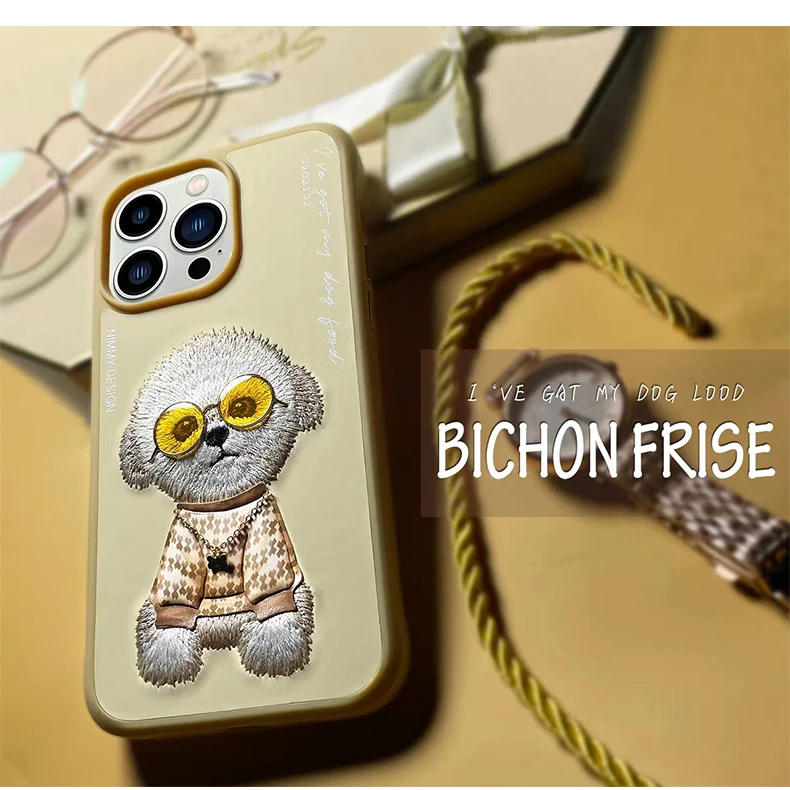 3d bordado bonito gato lobo tigre urso couro caso do telefone para o iphone  14 pro