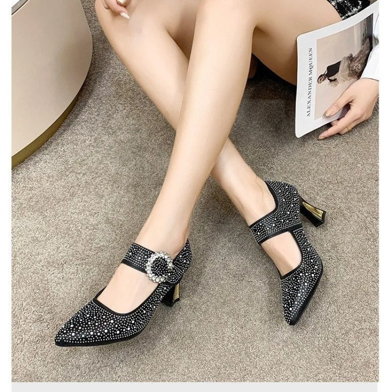 Pearl Crystal High Heel Women's Shoes 2024 New Fashion Hot Sales Buckle Dress Women Pumps Elegant Woman Heeled Mary Jane Lolita