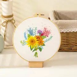Floral Embroidery DIY Beginner's Kit - Stamped Cross Stitch & Punch Needle Craft Set with Instructions (Sunflower)