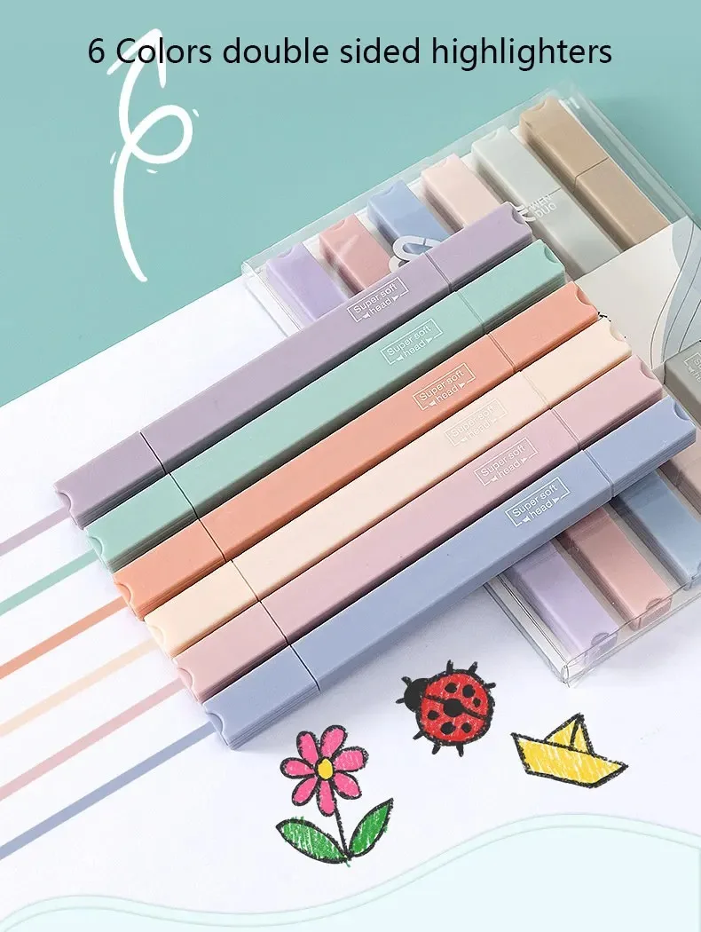 6-teiliges doppelseitiges Textmarker-Set, Kawaii-farbige Manga-Marker, pastellfarbenes Briefpapier, Scrapbooking, Schulbedarf – Detail 1