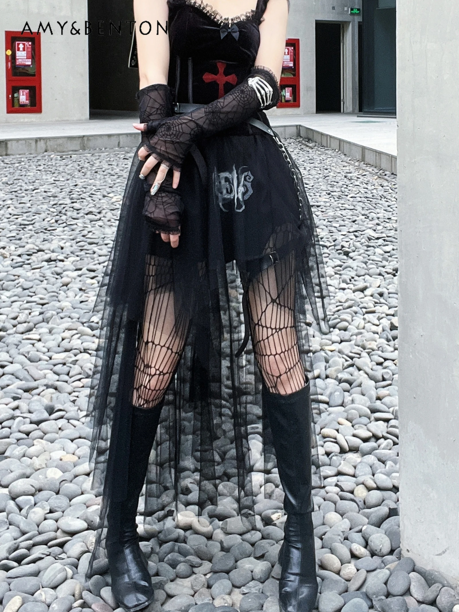 

Harajuku Style Street Rock Mesh Stitching Skirt Women Japanese Gothic Irregular Black Skirt Hot Girl High Waist Mid-calf Skirts