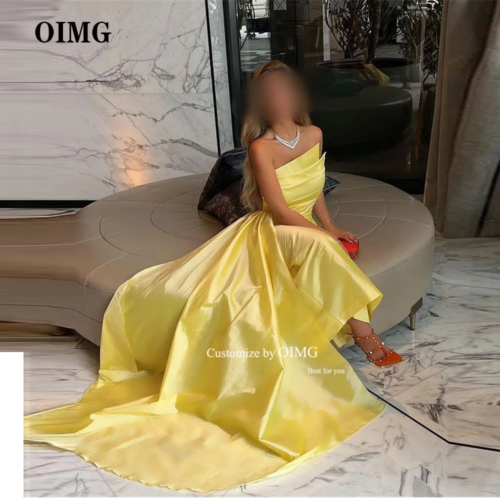 

OIMG Strapless Yellow Satin Formal Party Dresses Abendkleider Ankle Length Saudi Arabic Women Prom Gowns Formal Party Dress
