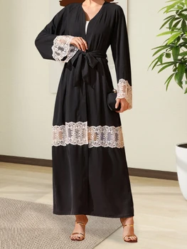 Elegant Floral Embroidered Abaya with Belt and V-Neck Design Long Sleeves Islamic Prayer Dress for Women Stylish Arabic Robe