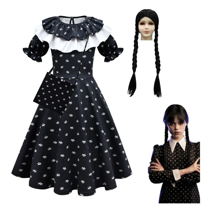 Halloween Kids Weddy Costume Cosplay Girl Addams Morticia Cosplay Dress Outfit Vintage Black Gothic Printing Clothes + Wig