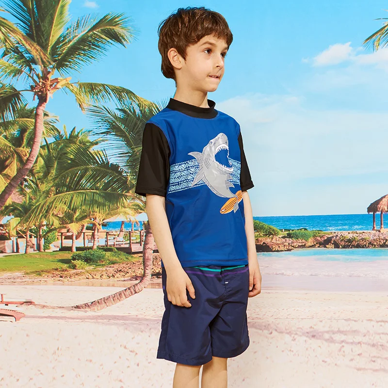 Summer Boys Short Sleeve Rashguard Kids Swim Suit UPF 50+ Sun Protection Shirts Boys Swimwear Navy Rash Guard Beach Wear