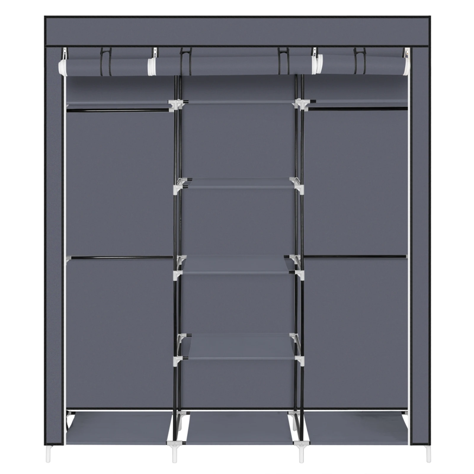 69" Portable Clothes Closet Non-Woven Fabric Wardrobe Double Rod Storage Organizer Gray 5