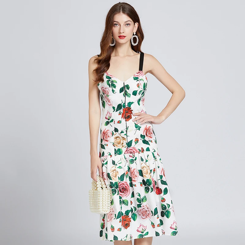 

2023 New Summer Women Sexy V-Neck Backless Strap Dress High Quality Sweet Rose Flowers Print Slim Runway Dress