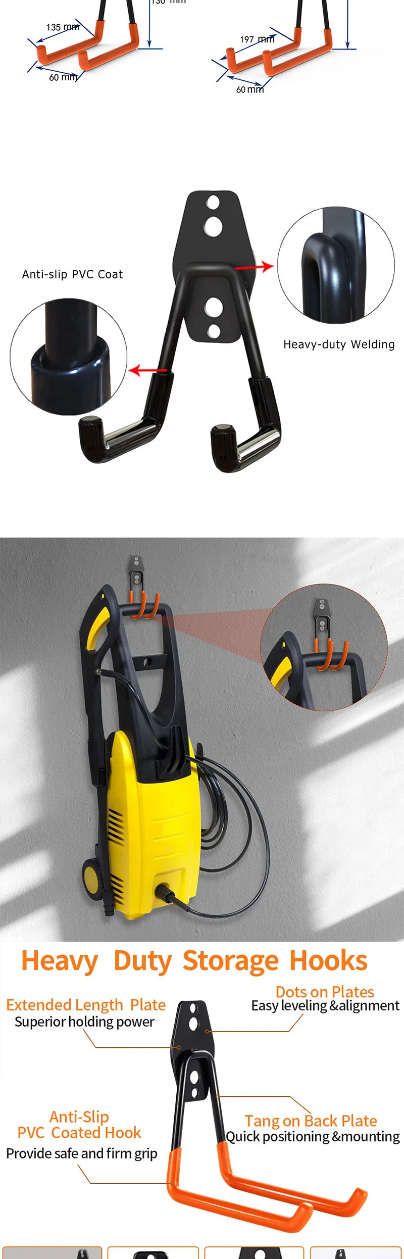 Description Picture 3 of itemHeavy Duty Metal Hook Storage Hook Practical Broom Mop Rack Wall Mounted Tool Garage Hook Organizing Tool Orange Black 1PC