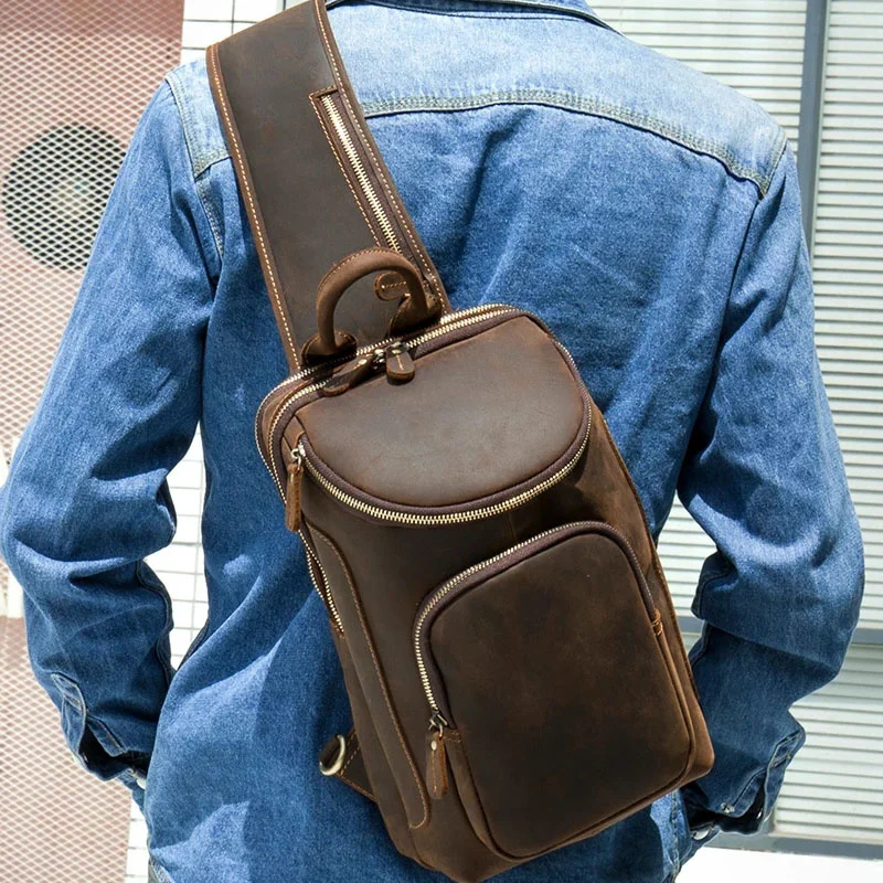 

Bagpack Men Leather Shoulder Cross Body Chest Genuine Cowskin Pack For Outdoor Travel Messenger Riding