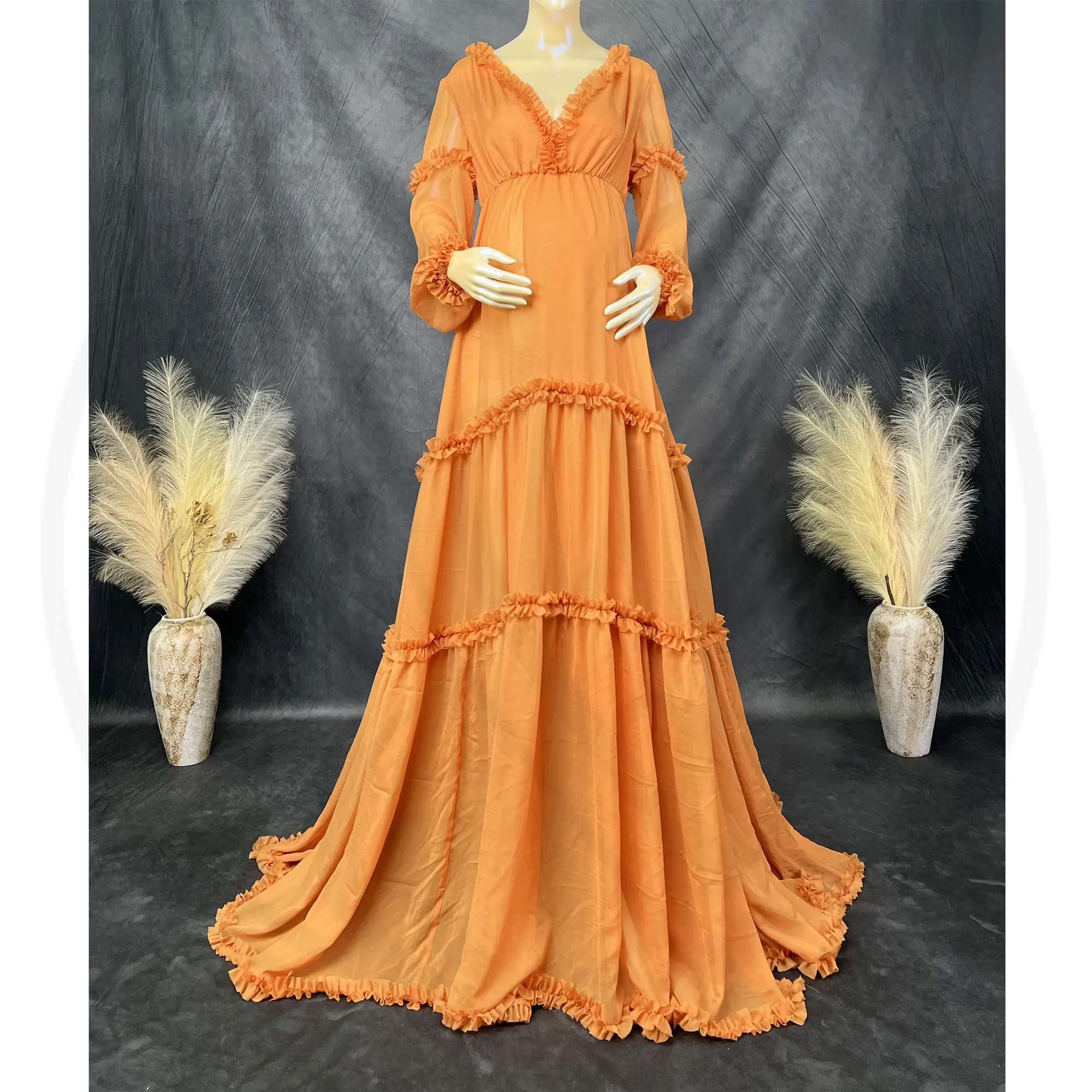 Don&Judy Boho-Kleid mit V-Ausschnitt, rückenfrei, Rüschen, für die Schwangerschaft, elegante Abend-Hochzeitskleider, Umstands-Fotoshooting-Kleidung – Detail 10