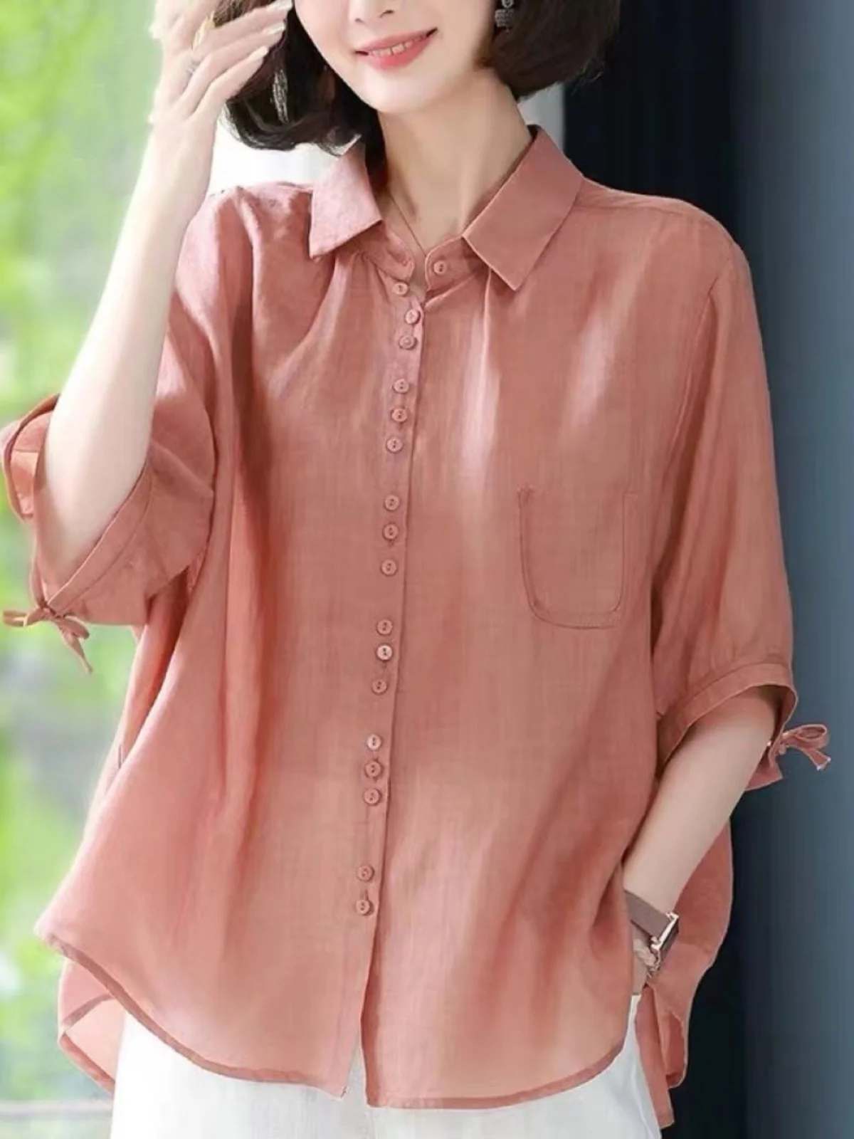 

Cotton Linen Blouse Shirts Women Summer Solid Color Short Sleeve Buttons Lapel Blouses Shirts Short Sleeve Loose Tops B03