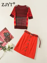 

ZJYT Fashion Spring Summer Runway Dress Sets Womens Outfits Short Sleeve Striped Knitted Top and Skirt 2 Pieces Suits for Ladies