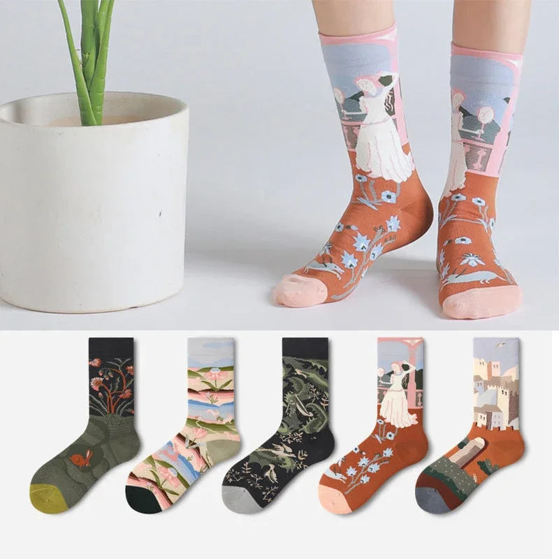 Socken Trend Tube Socken Straße Europa und Amerika Lange Tube Herbst und Winter Kreative Ölgemälde Kunst Japanische Socken