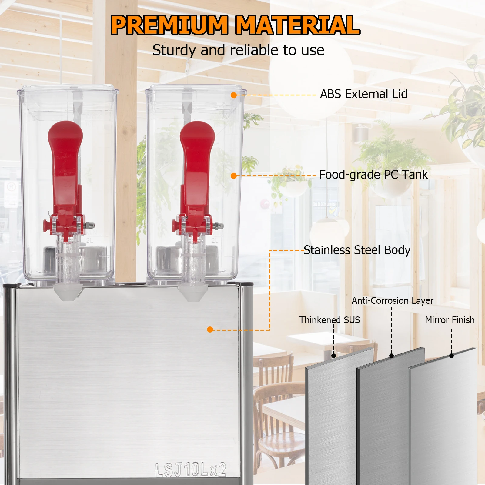 Commercial Beverage Dispenser, 2 Tanks 5.28 Gallon 20L Commercial Juice Dispenser, 10 Liter Per Tank, 280W Ice Drink Dispenser 5